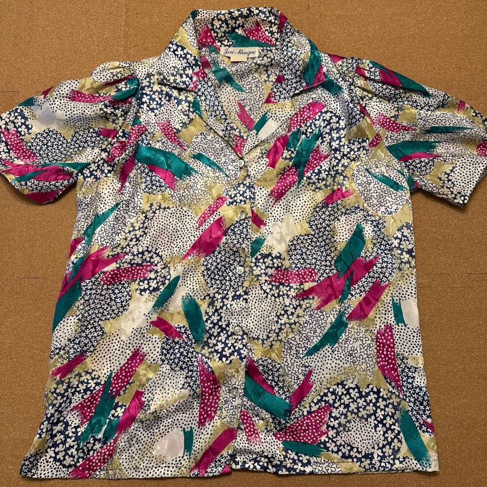 Jeri Marque Blouse Womens 14 Multi Color Vintage 80s Abstract Short Sleeve Top